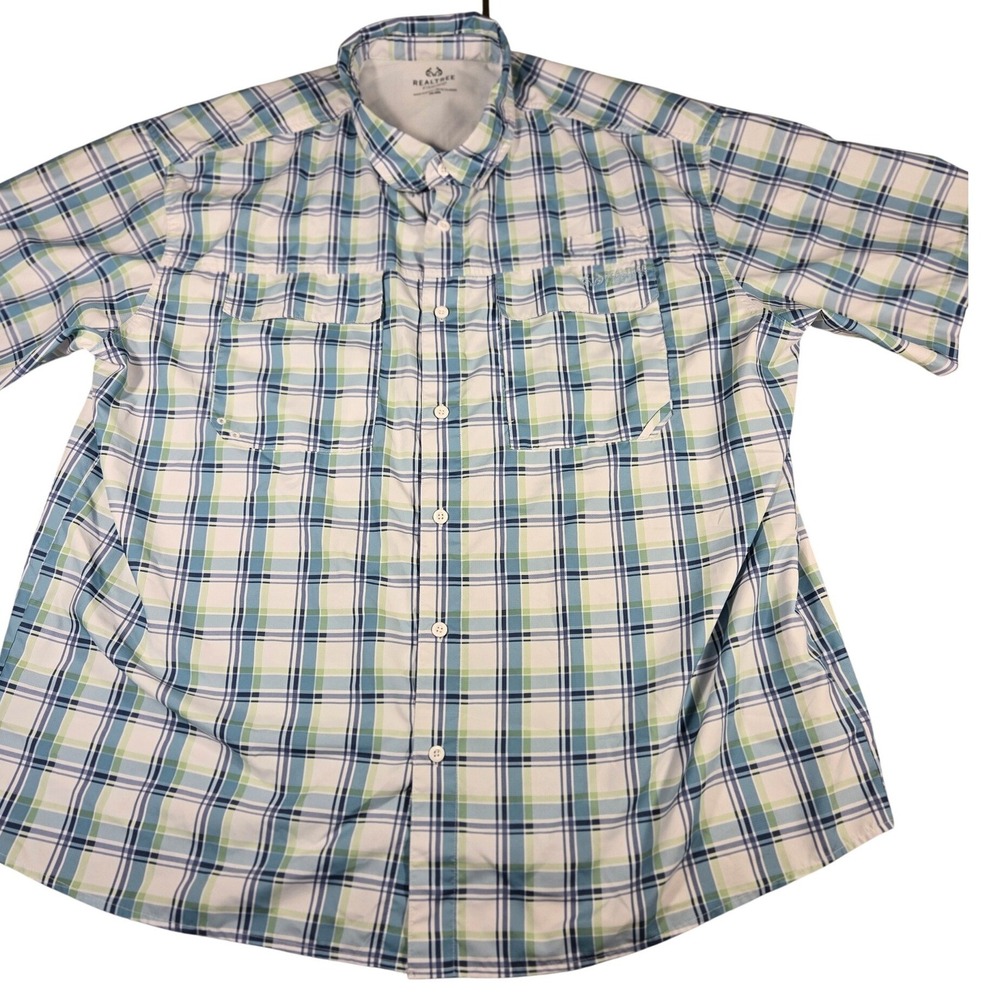 Realtree Fishing Mens 2XL Blue Green Plaid Short Sleeve Vented Button Down Shirt